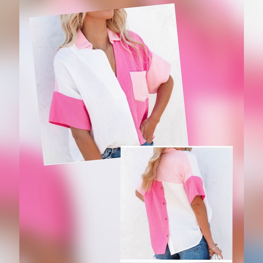 Dokotoo Pink and White Colorblock Shirt